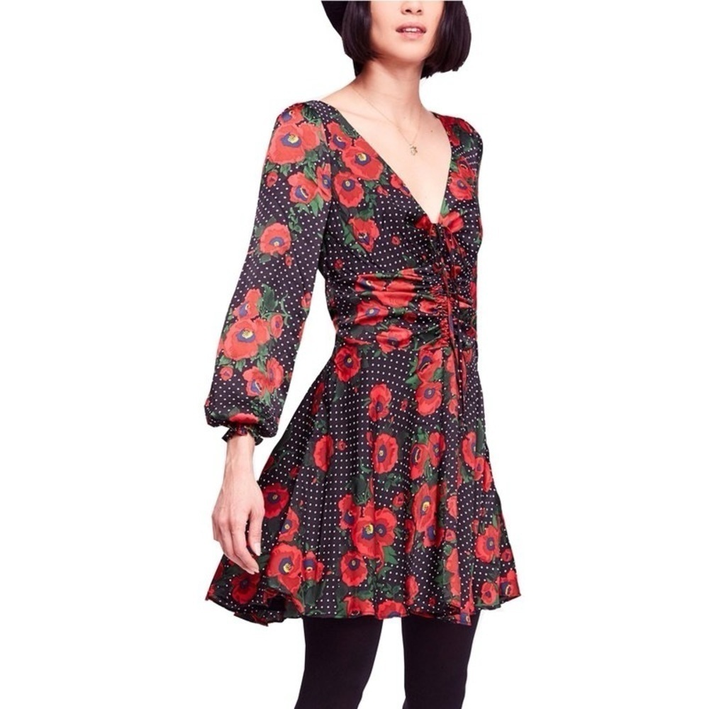 FREE PEOPLE Morning Light Mini Dress Black Polka Dot Red Poppy Floral 2 - Picture 4 of 9